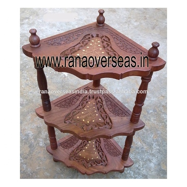 Wooden Handmade Three Tier Carved Design Corner Shelves With Brass Inlay For Living Room Decor