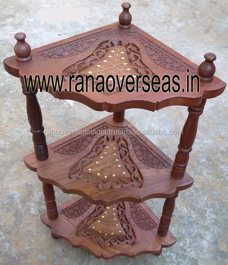 Wooden Handmade Three Tier Carved Design Corner Shelves With Brass Inlay For Living Room Decor