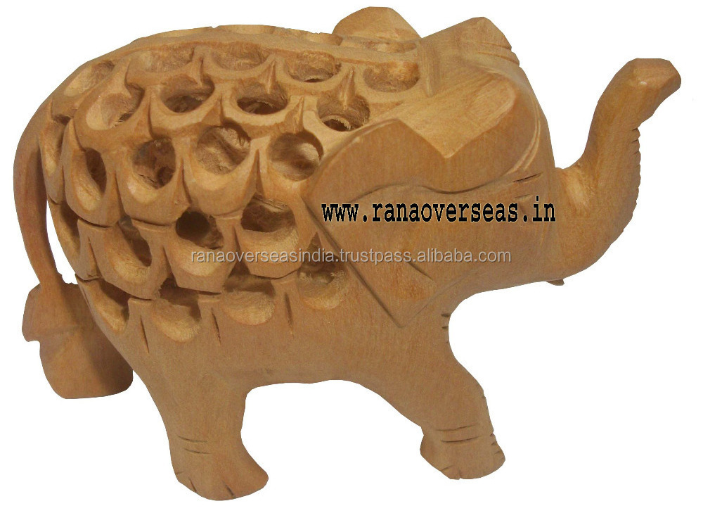 Jali Carving Brown Wooden Elephant Statue Decorative Wooden Sculpture For Hotel Restaurant Office And Living Room