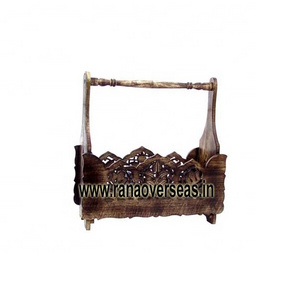 Classy Wooden Newspaper Magazine Holder With Carved Design And Handle For Table Top Decor