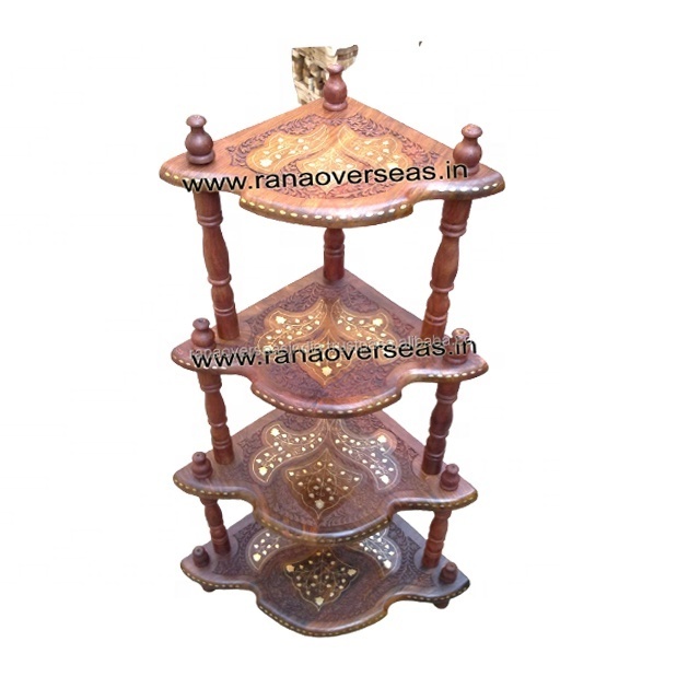 Wooden Hand Carved  And Brass Inlay Design Folding Corner Shelf For Home Living Room Hotel