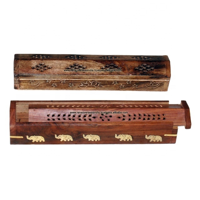 Hot Sale Popular Incense Burner Holder Box in Wood With Elephant Brass Inlay and Brass Strip for Home decoration