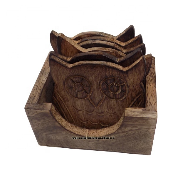 Hot Seller Superior Quality Wooden Hand Carved Owl Face Coaster With Holder For Tea Coffee Mug At Best Price