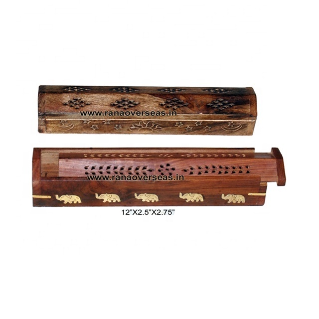 Hot Sale Popular Incense Burner Holder Box in Wood With Elephant Brass Inlay and Brass Strip for Home decoration