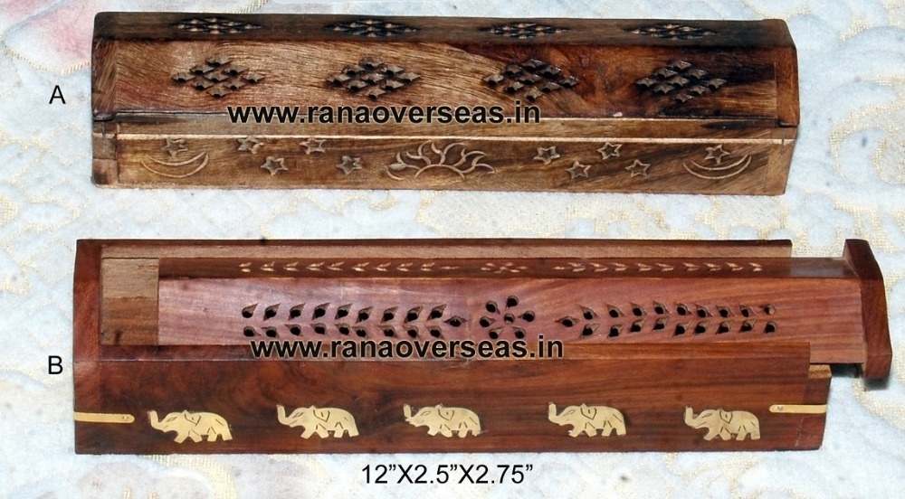 Hot Sale Popular Incense Burner Holder Box in Wood With Elephant Brass Inlay and Brass Strip for Home decoration