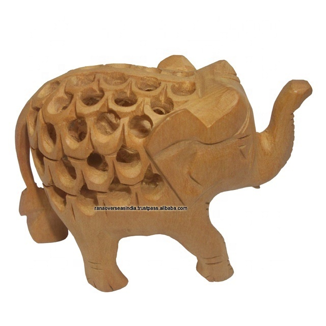 Jali Carving Brown Wooden Elephant Statue Decorative Wooden Sculpture For Hotel Restaurant Office And Living Room