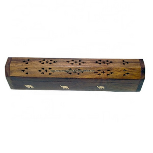 Custom Wholesale Wooden Coffin Incense Stick Burner Holder With Storage Compartment And Elephant Brass Inlay