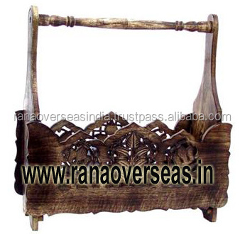 Classy Wooden Newspaper Magazine Holder With Carved Design And Handle For Table Top Decor