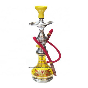 Tall Stainless Steel Smoking Hookah With Plate And Ceramic Bowl In Red And Yellow Coloured