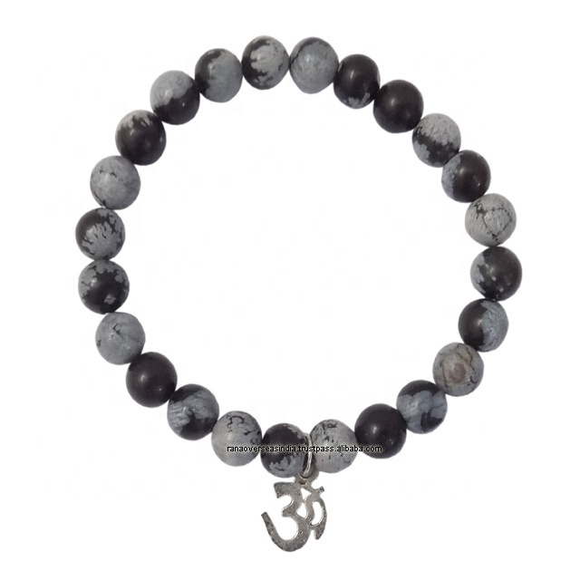 Gray And Black Crystal Stretch Round Beads Women , Men And Girls Bracelet With Metal Om