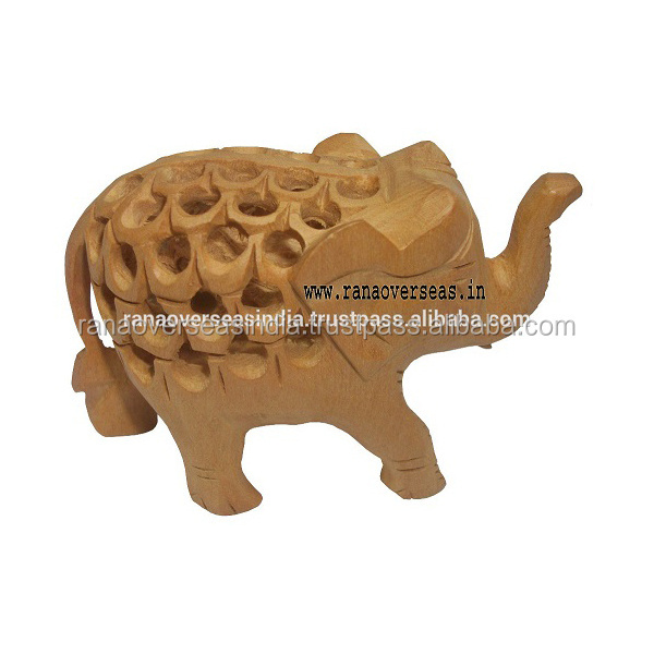 Jali Carving Brown Wooden Elephant Statue Decorative Wooden Sculpture For Hotel Restaurant Office And Living Room