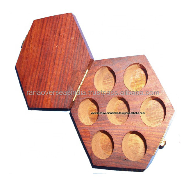 Hexagonal Shape Wooden Spice Box With Seven Containers for Kitchen Masala Spice Box In Brown