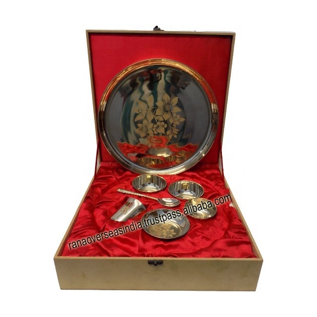 Indian Traditional High Quality Pure Kansa Bronze Dinner Set Of Thali Plate Bowls Tumbler And Spoon With Box