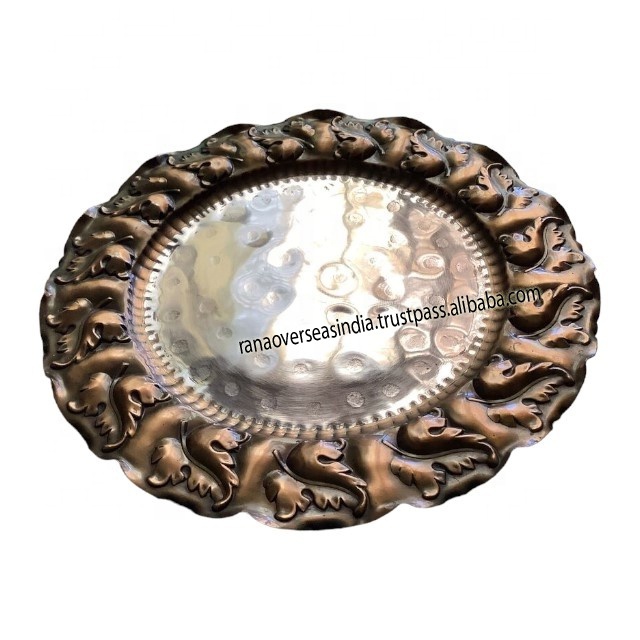 Luxury Hot Sale Antique Copper Serving Platter Decorative Plate With Leaf Border For Serving Appetizers fruits Vegetables & More