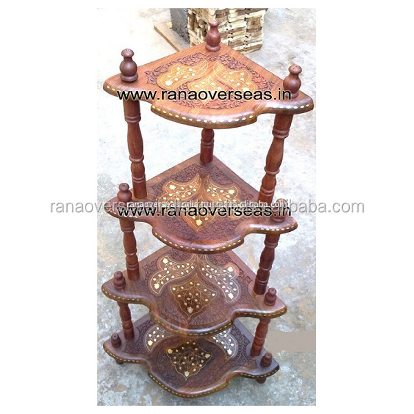 Wooden Hand Carved  And Brass Inlay Design Folding Corner Shelf For Home Living Room Hotel