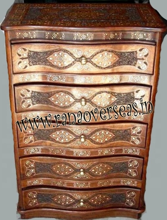 Traditional Handmade Sheesham Wood Five Drawers Chest With Brass Inlay Design For Bed Room