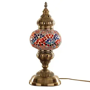 Turkish Handmade Table Lamp Moroccan Handicraft Stained Glass Lamp Retro Bohemian Table Lamp with Bronze Base  Glass Shade