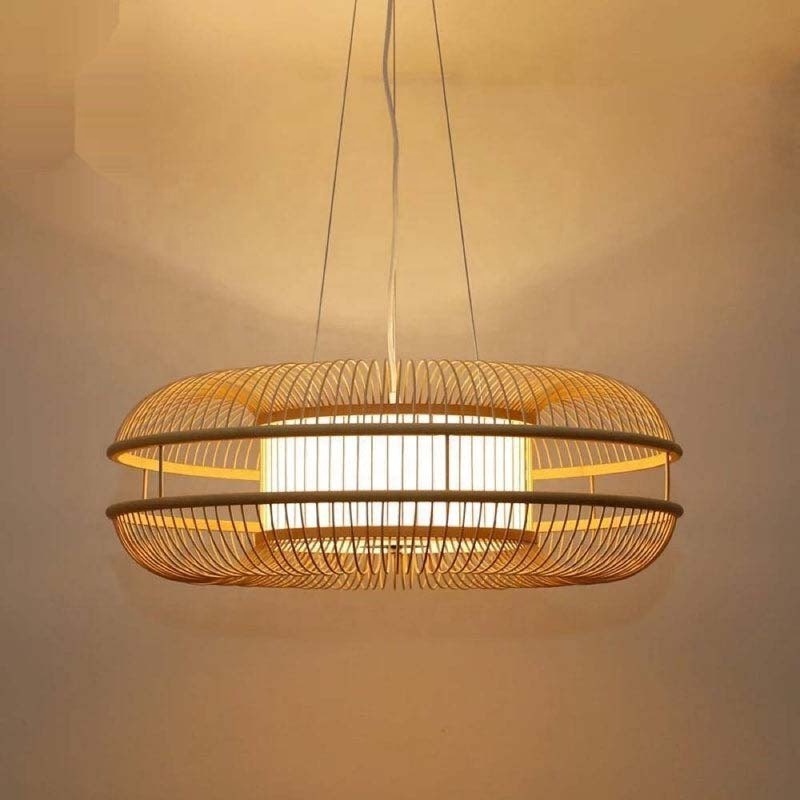 Modern Chinese Handmade Lamp Bamboo Rattan Chandelier Natural Woven Big Round Basket Wood Lantern Pendant Light Fixture