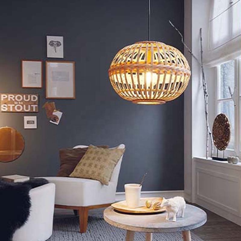 Round Bamboo Lampshade Rattan Natural Ceiling Lamp Boho Country Decor Handicraft Lamp Home Lighting