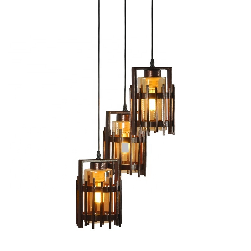 Hot Trend Factory Price Wooden Slats Glass Lampshade Chandeliers Hanging Lamp Antique Wood Chips Ceiling Pendant Light