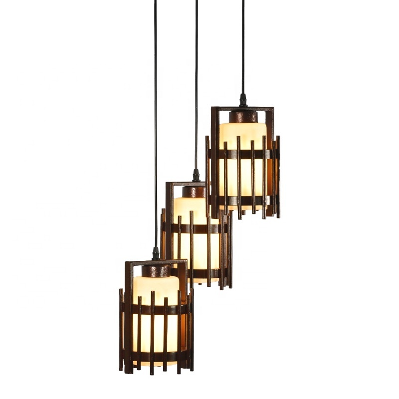 Hot Trend Factory Price Wooden Slats Glass Lampshade Chandeliers Hanging Lamp Antique Wood Chips Ceiling Pendant Light