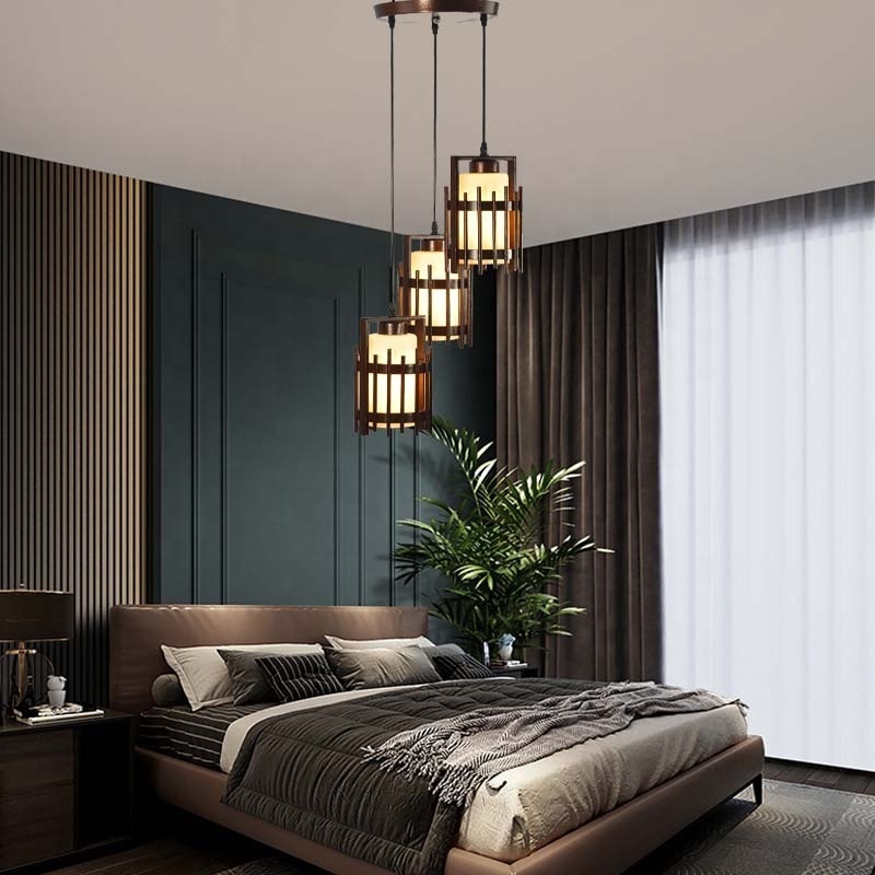 Hot Trend Factory Price Wooden Slats Glass Lampshade Chandeliers Hanging Lamp Antique Wood Chips Ceiling Pendant Light