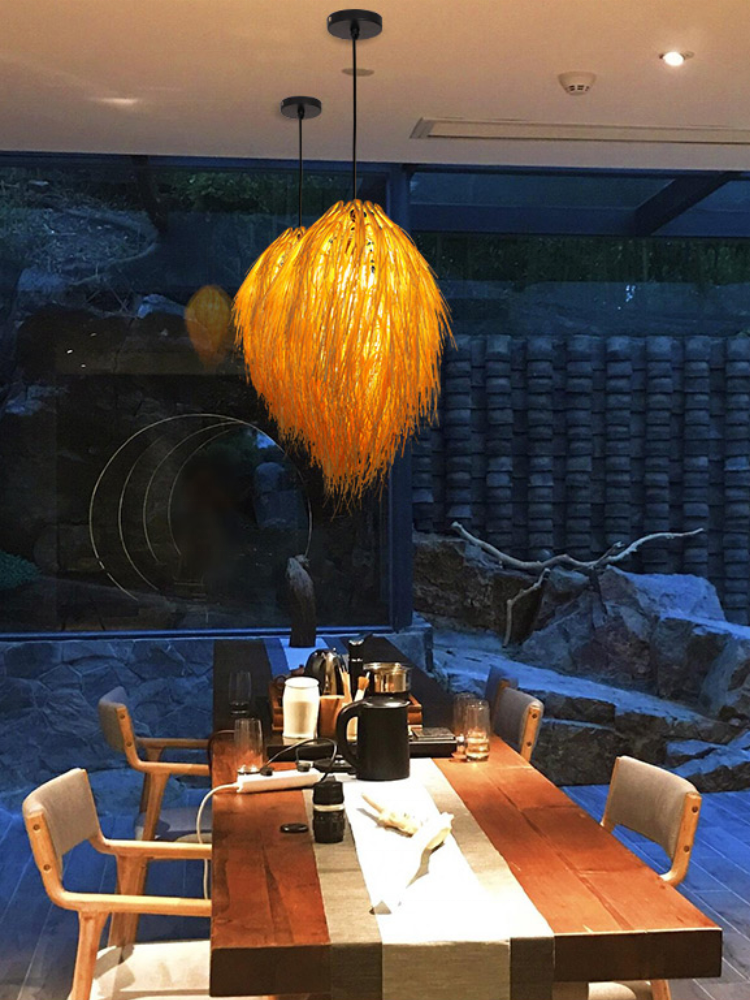 Natural Straw Tassels Pendant Light Nordic Rattan Wicker Decorative Pendant Lamp Hawaii Style Ceiling Hanging Chandelier Light