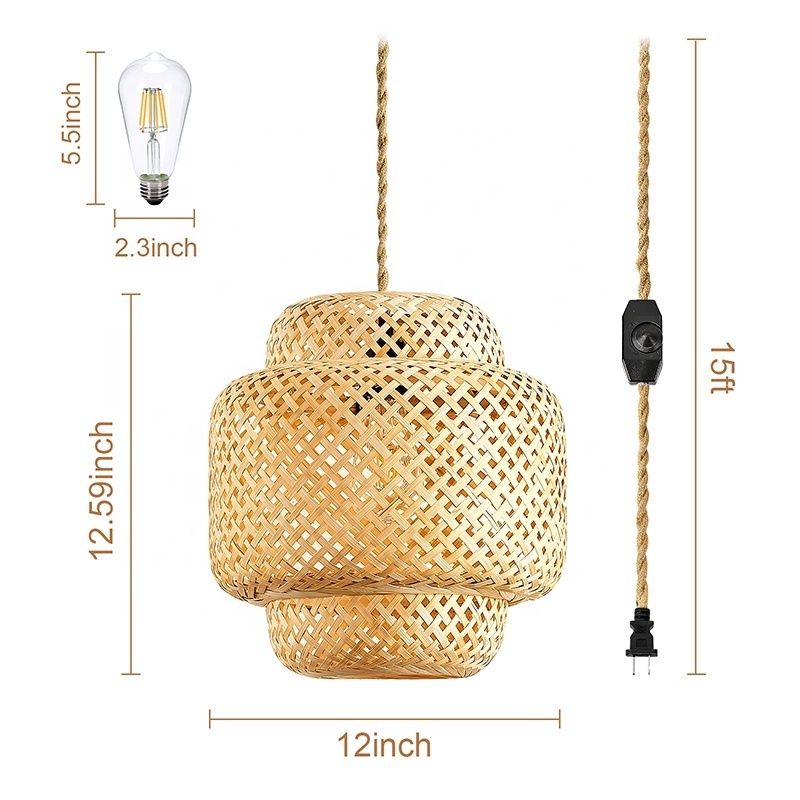 Handmade Bamboo Pendant Light Rattan Hanging Chandelier Lamp Wicker Pendant Lamp Rustic Home Decorative Ceiling Lighting Fixture