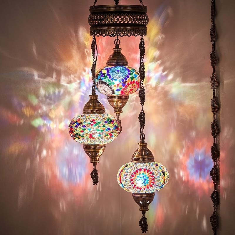 Turkish Pendant Light 3 Balls Moroccan Ceiling Lamp Glass Mosaic Tiffany Chandelier Light Mediterranean 15 Feet Cord Droplight