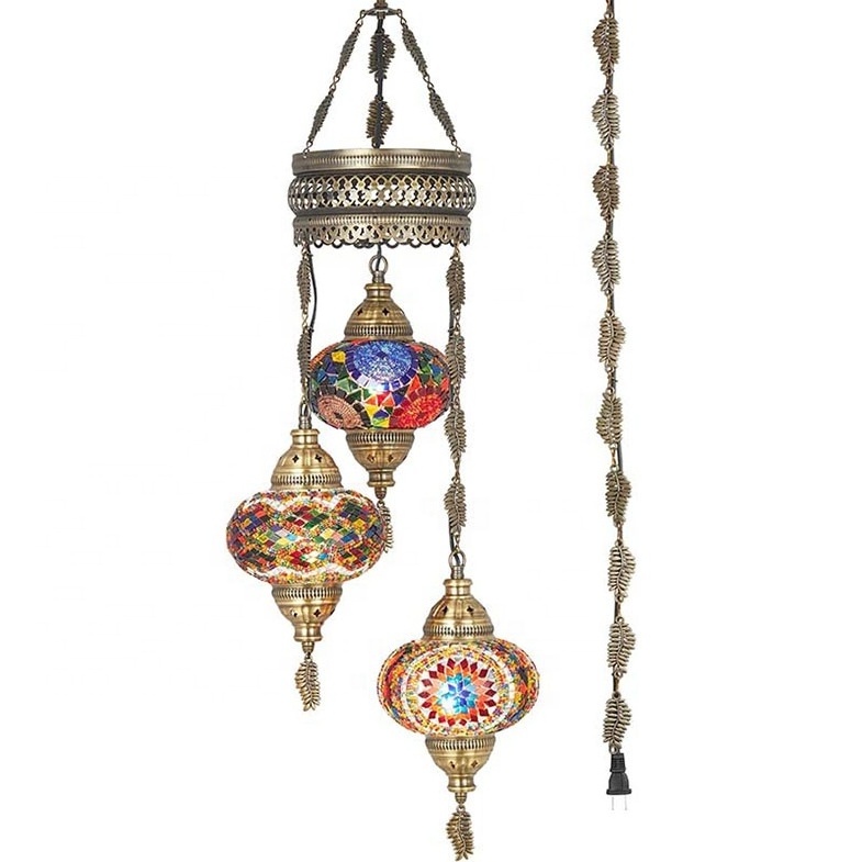 Turkish Pendant Light 3 Balls Moroccan Ceiling Lamp Glass Mosaic Tiffany Chandelier Light Mediterranean 15 Feet Cord Droplight