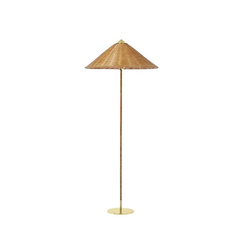 Umbrella Shape Bamboo Floor Lamp Rattan Wicker Corner Floor Light Metal Pin Top Standing Lamp Southeast Asian Standing Light