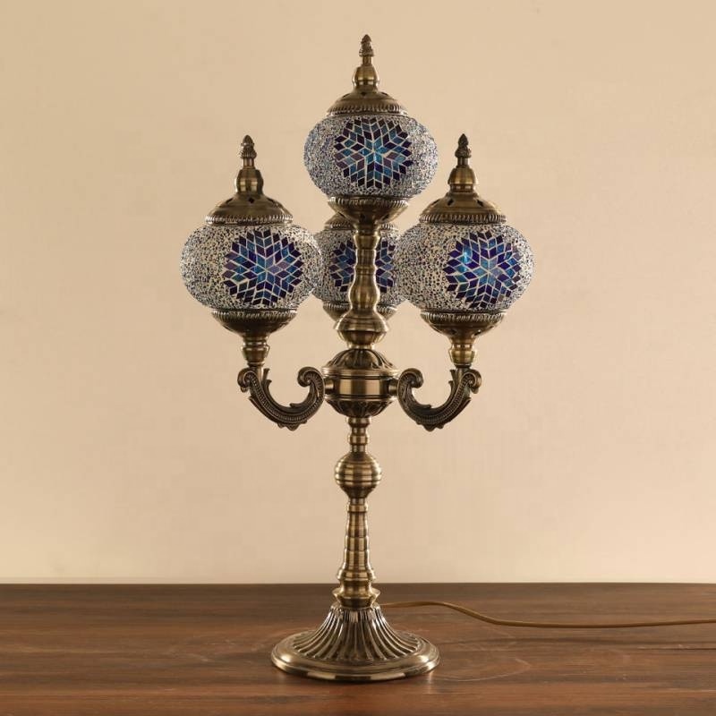 4 Globes Candelabra Handmade Multicolor Turkish Mosaic Glass Moroccan Lamp Colorful Traditional Metal Base Decorative Lamps