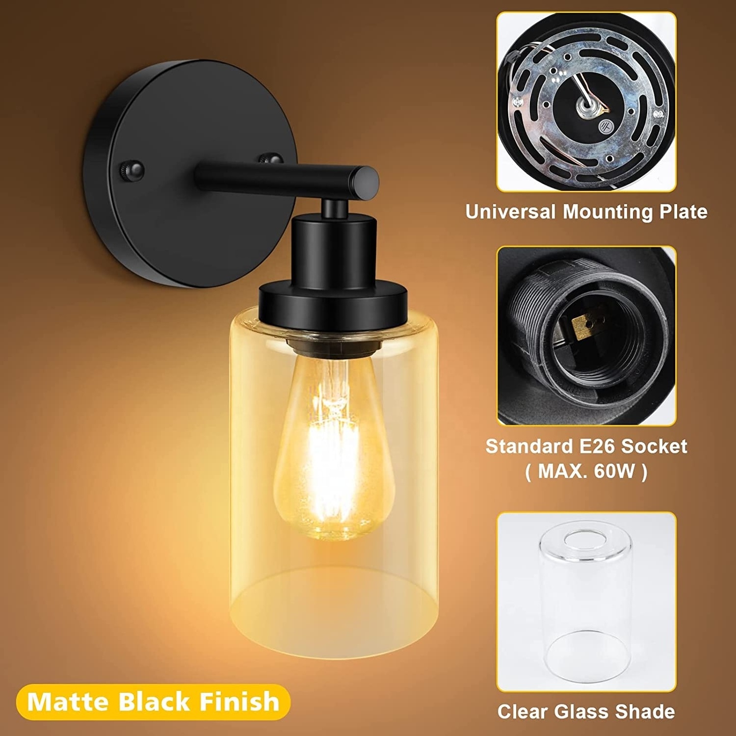 2023 Bathroom Wall Sconces 1-Light Matte Black Vanity Lights Glass Shade Wall Mounted Lamp for Mirror Bedroom Restroom