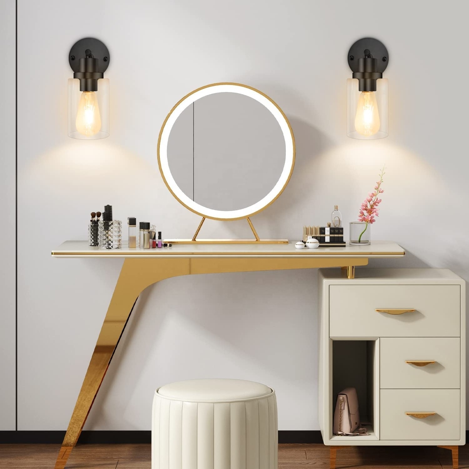 2023 Bathroom Wall Sconces 1-Light Matte Black Vanity Lights Glass Shade Wall Mounted Lamp for Mirror Bedroom Restroom