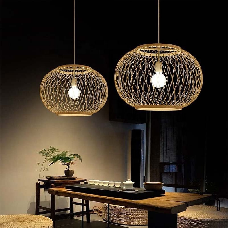 Natural Woven Rattan Lampshade Rustic Handmade Bamboo Lamp Dining Room Bedroom Decor Chandelier Light Fixture