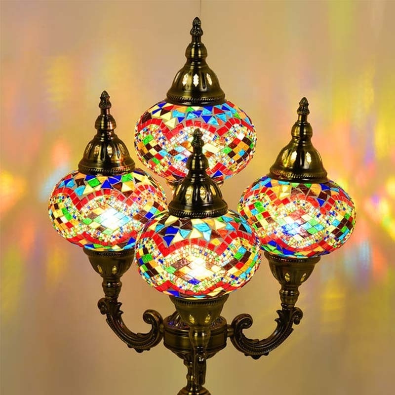 4 Globes Candelabra Handmade Multicolor Turkish Mosaic Glass Moroccan Lamp Colorful Traditional Metal Base Decorative Lamps