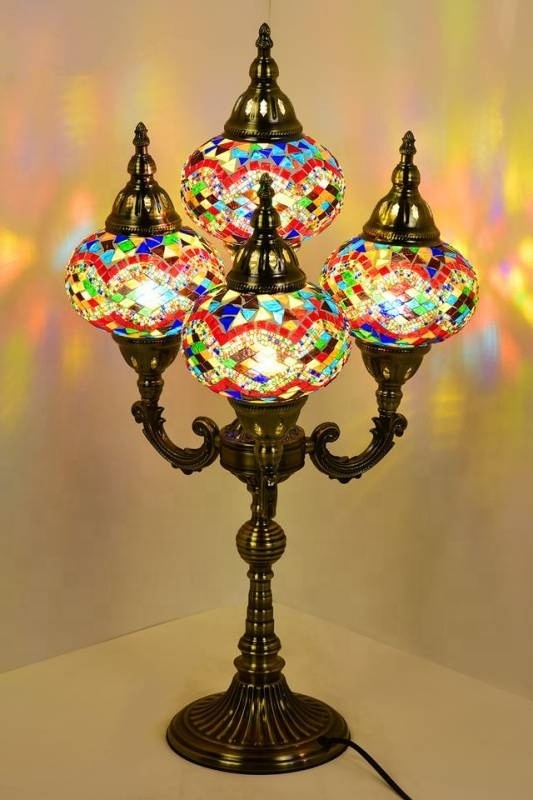 4 Globes Candelabra Handmade Multicolor Turkish Mosaic Glass Moroccan Lamp Colorful Traditional Metal Base Decorative Lamps