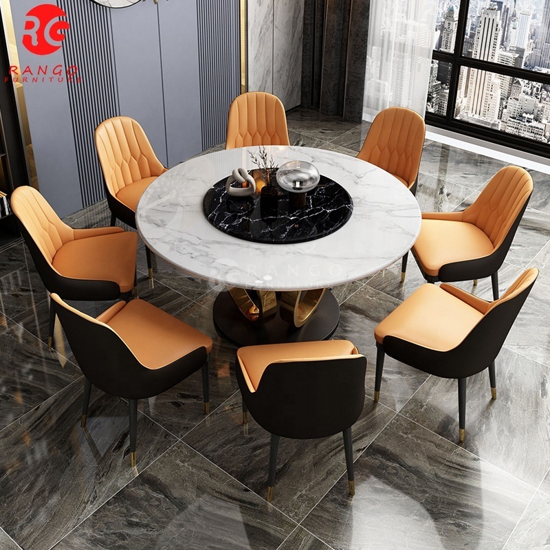 Round  gold dining table with rotating centre round dining table 8 seater dining room set