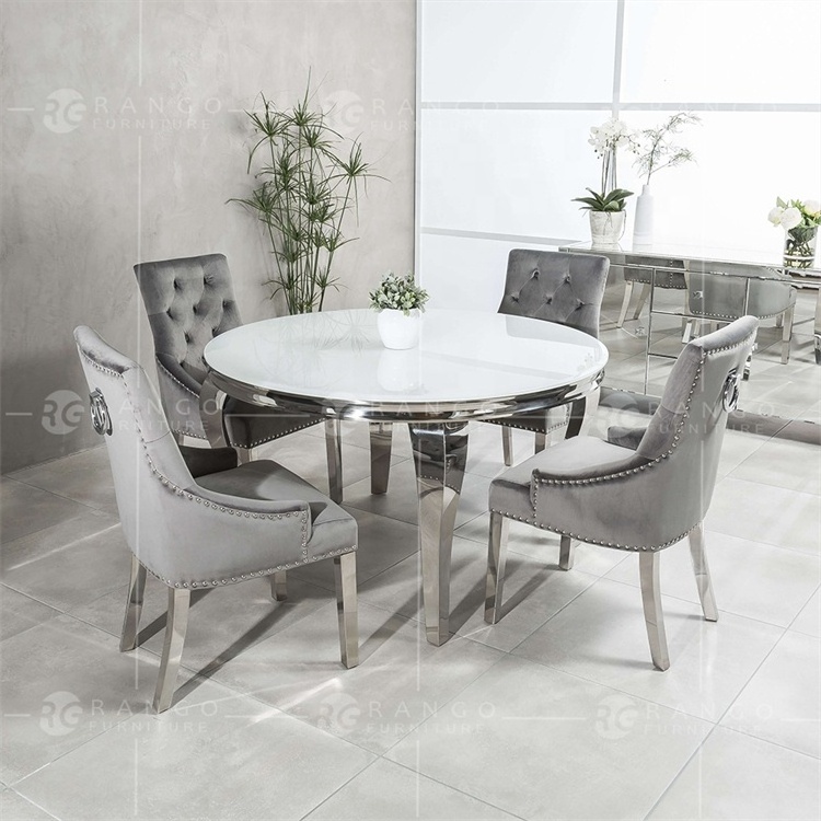 Glass dining room table 150cm long table with shinny silver stainless steel legs white glass round dining table