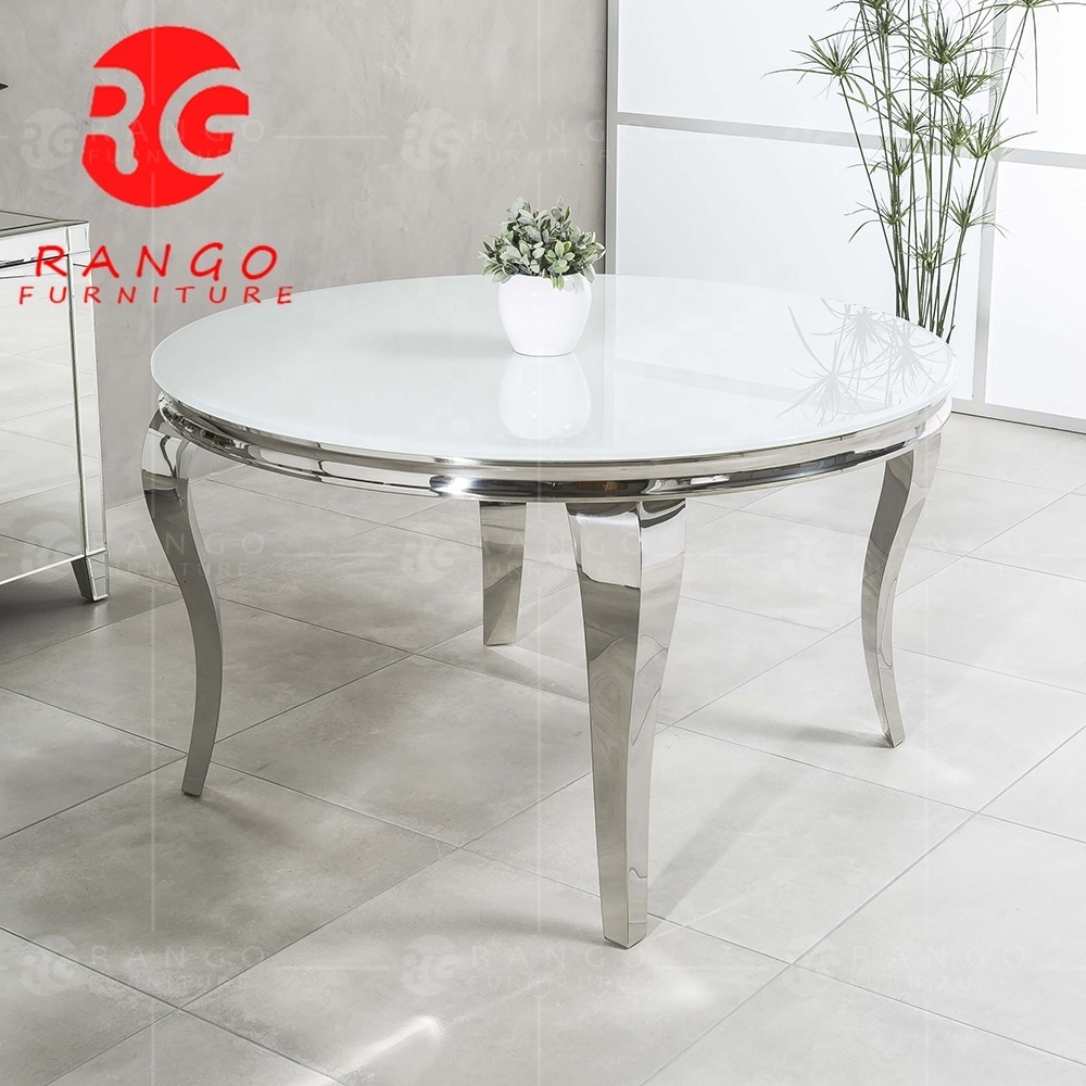 Glass dining room table 150cm long table with shinny silver stainless steel legs white glass round dining table