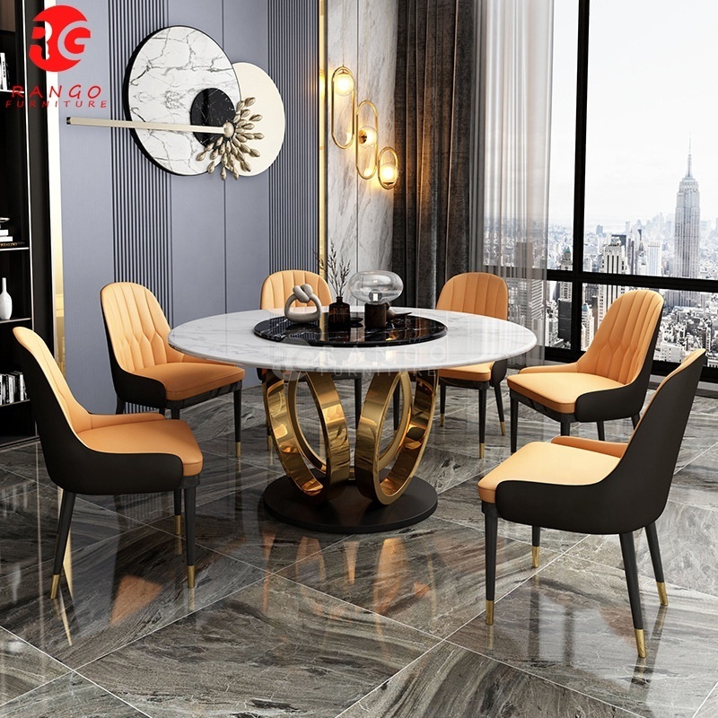 Round  gold dining table with rotating centre round dining table 8 seater dining room set