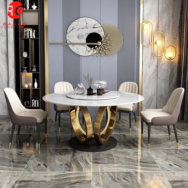 Round  gold dining table with rotating centre round dining table 8 seater dining room set