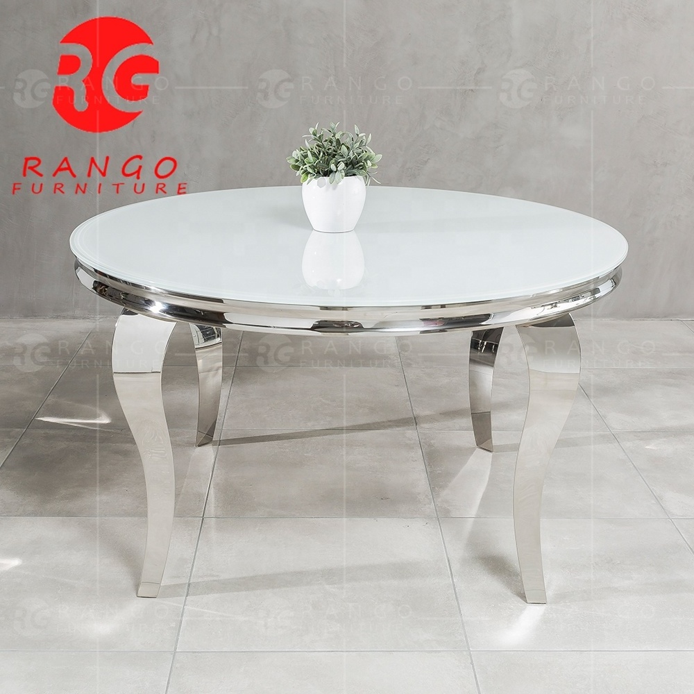 Glass dining room table 150cm long table with shinny silver stainless steel legs white glass round dining table