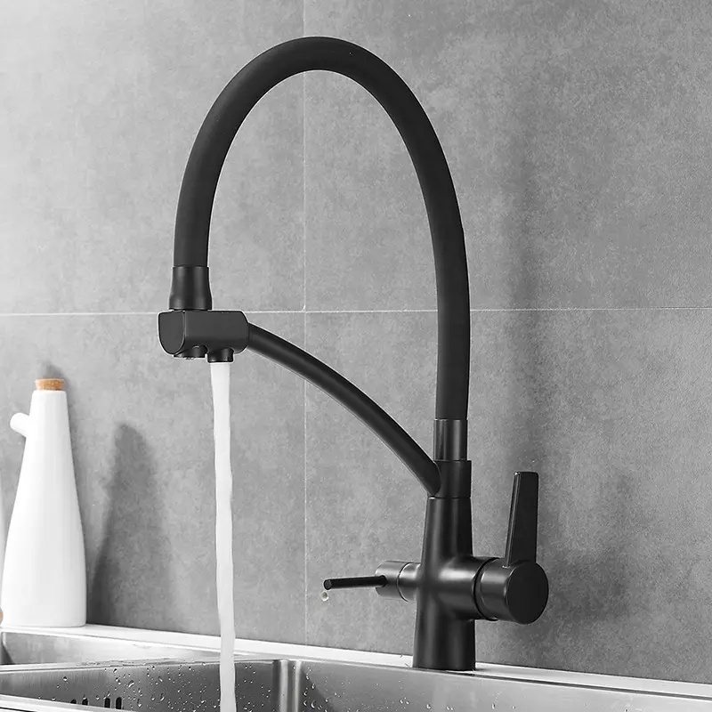 Dual Handles Matte Black Kitchen Sink Faucet with Pull Down Sprayer 2 Handle 3 in 1 Water Filter Purifier Faucets