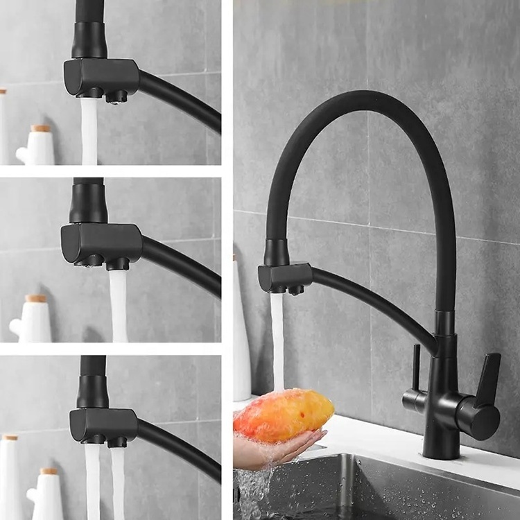 Dual Handles Matte Black Kitchen Sink Faucet with Pull Down Sprayer 2 Handle 3 in 1 Water Filter Purifier Faucets