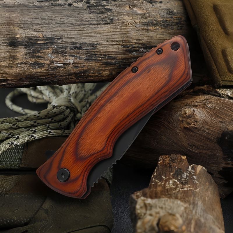 Customized Wholesale Portable Outdoor Folding Sharp Self-Defense Camping Hunting Survival Tactical Wood Handle Knife