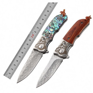 RANK1982 6.7 Inches Rose Wood Resin Wooden Handle Damascus Knife Outdoor Camping Hunting Folding Pocket Knife with Belt Clip