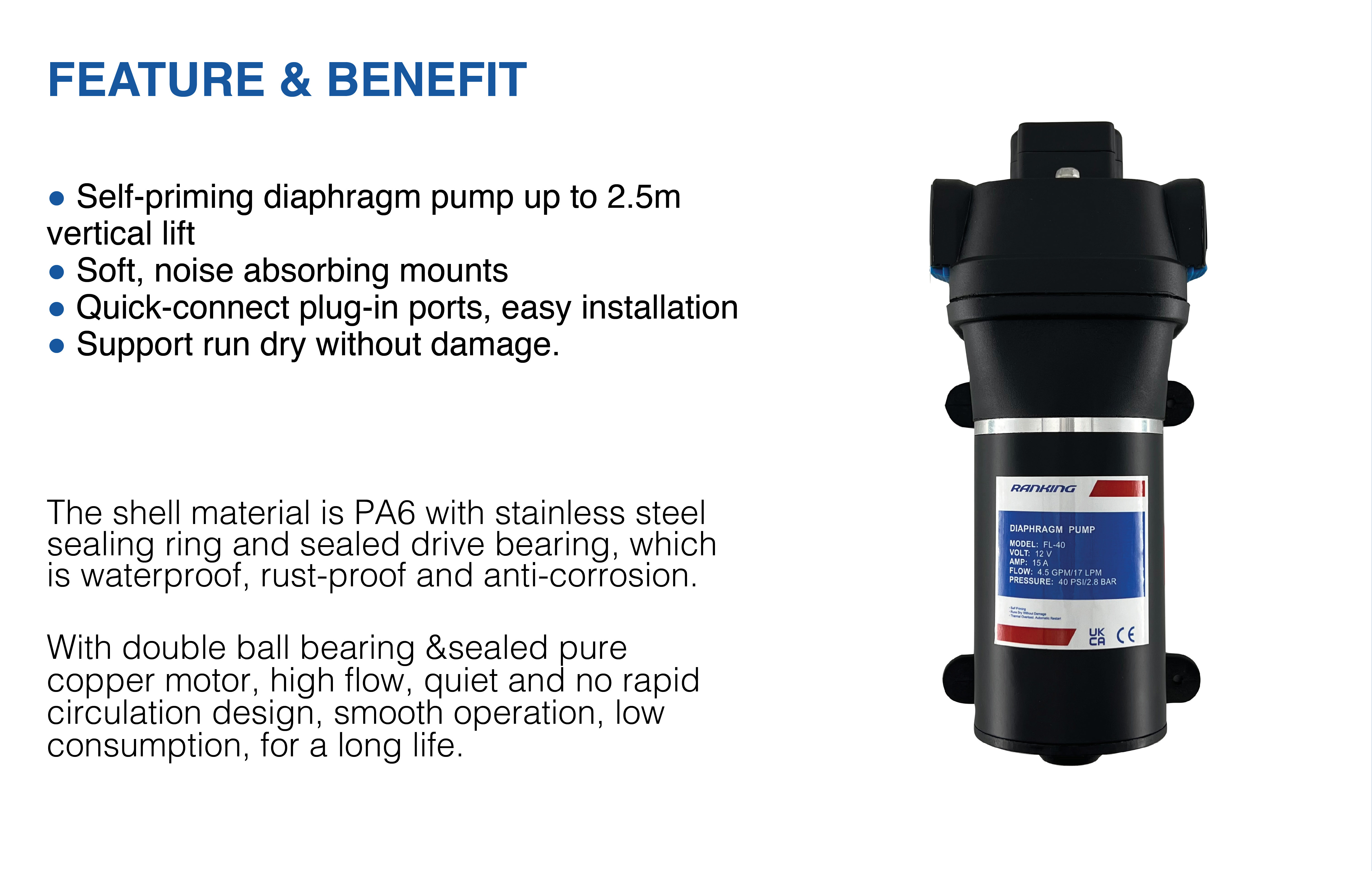 RANKING FL47 12V  Water Pump DC 40 PSI 20 LPM/5.28 GPM Fluorelastomer Corrosion Resistant Diaphragm Pumps For  RV Marine