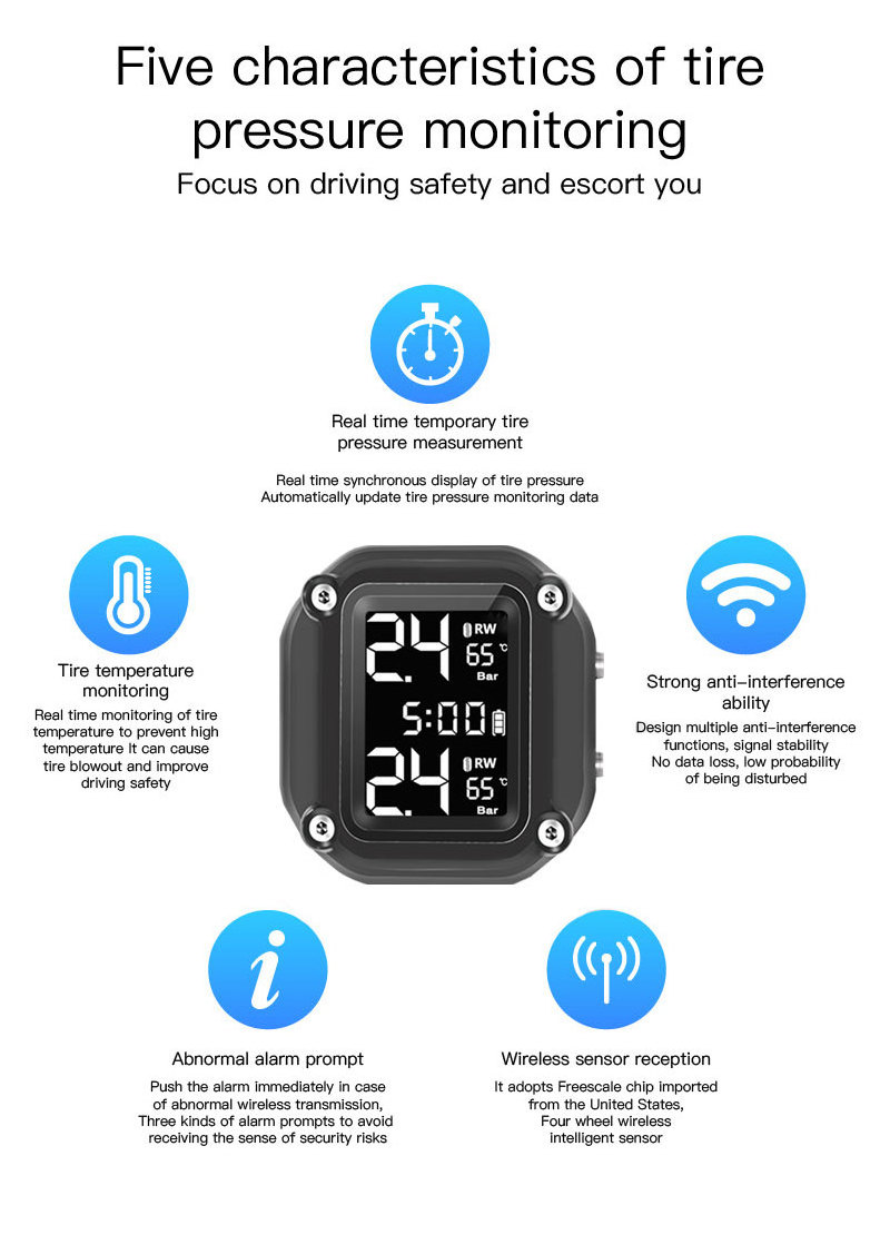 Tire Pressure Monitoring System TPMS with Solar Motorcycle 2 wheels Digital Wireless Real Time Tire External Sensor