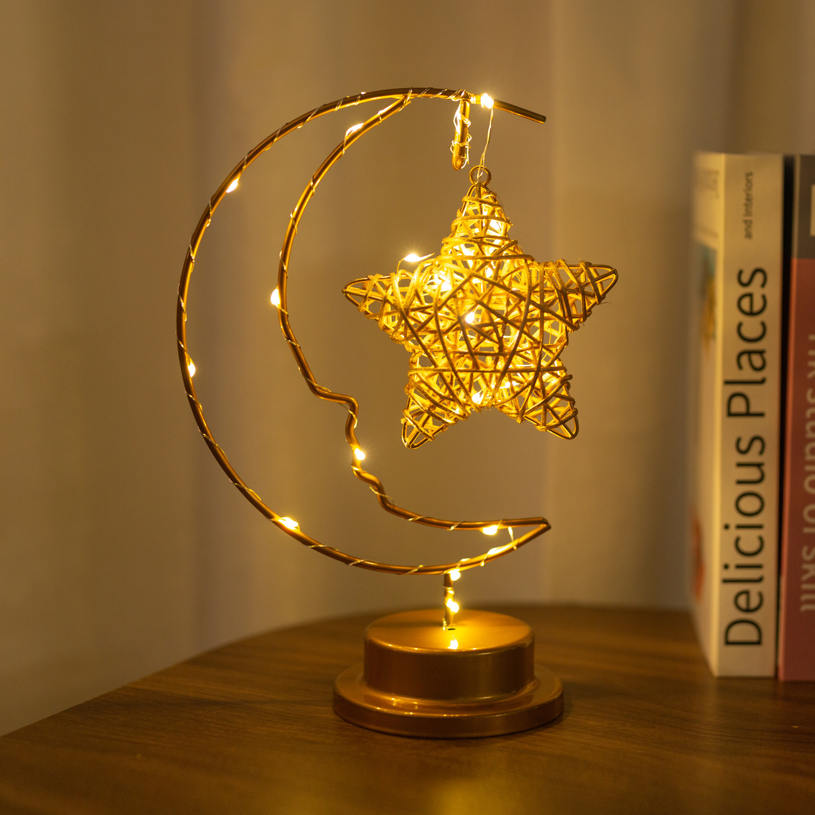 Metal Moonlight 3D Crescent Half Moon Shaped Table Lamp with LED Star String Light Adorable Kids Bedside Bedroom Decor